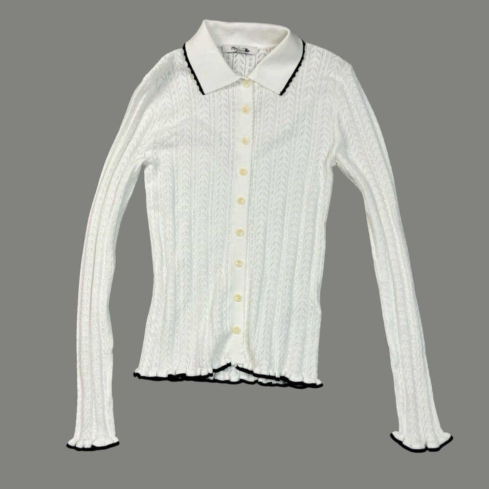 Madewell Cardigan Womens XXS White Ruffle Trim Pointelle Peter Pan Preppy NY455
